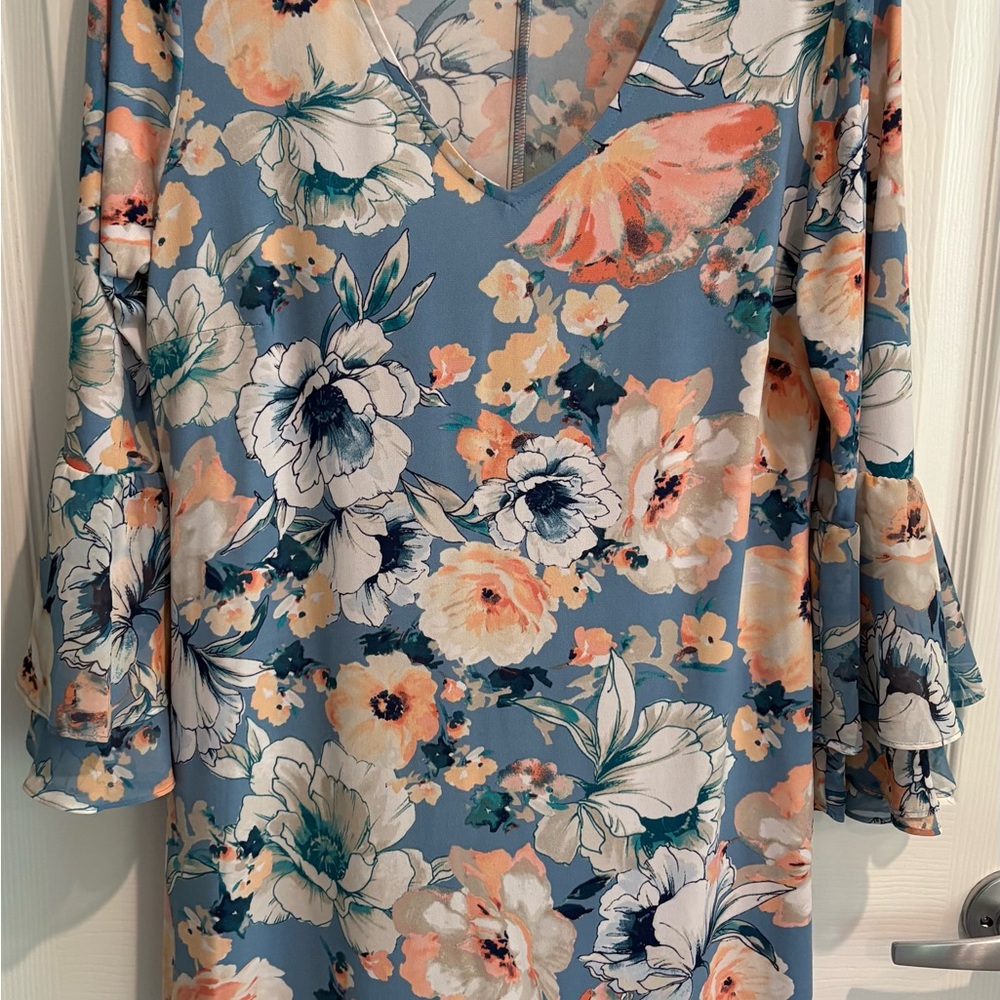 MSK Dusty Blue Floral Long-Sleeve V-Neck Dress